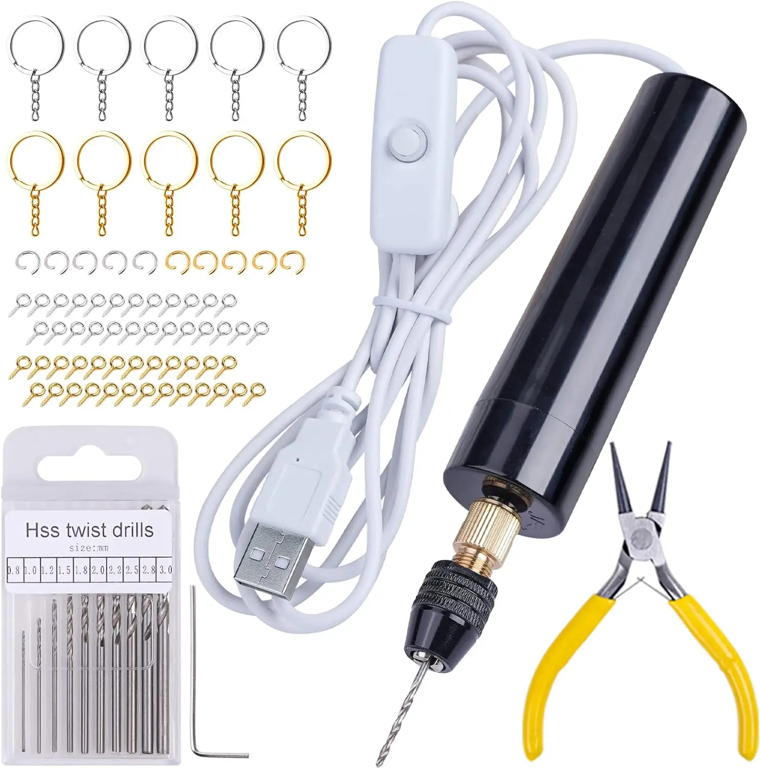 Electric Resin Drill, 74 Count Hand Drill Supplies with 3-Jaw Clamp-Applicable to A Larger Drilling Range (0-3mm), Grip Nose Pliers, Keychain Making K