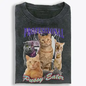 Retro washed fun professional foodie cat emoji T-shirt, funny emoji cat, fashion shirt, cat lover, unisex, men's clothing, women's clothing, summer, gift for boyfriend, gift for girlfriend graphic T-shirt vintage