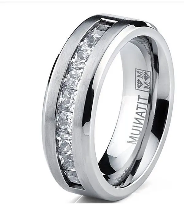 Men's Wedding Band with Princess Cut Cubic Zirconia, Beveled Edge High Polish Ring, Tarnish Resistant & Durable for Daily Wear, Ideal Gift