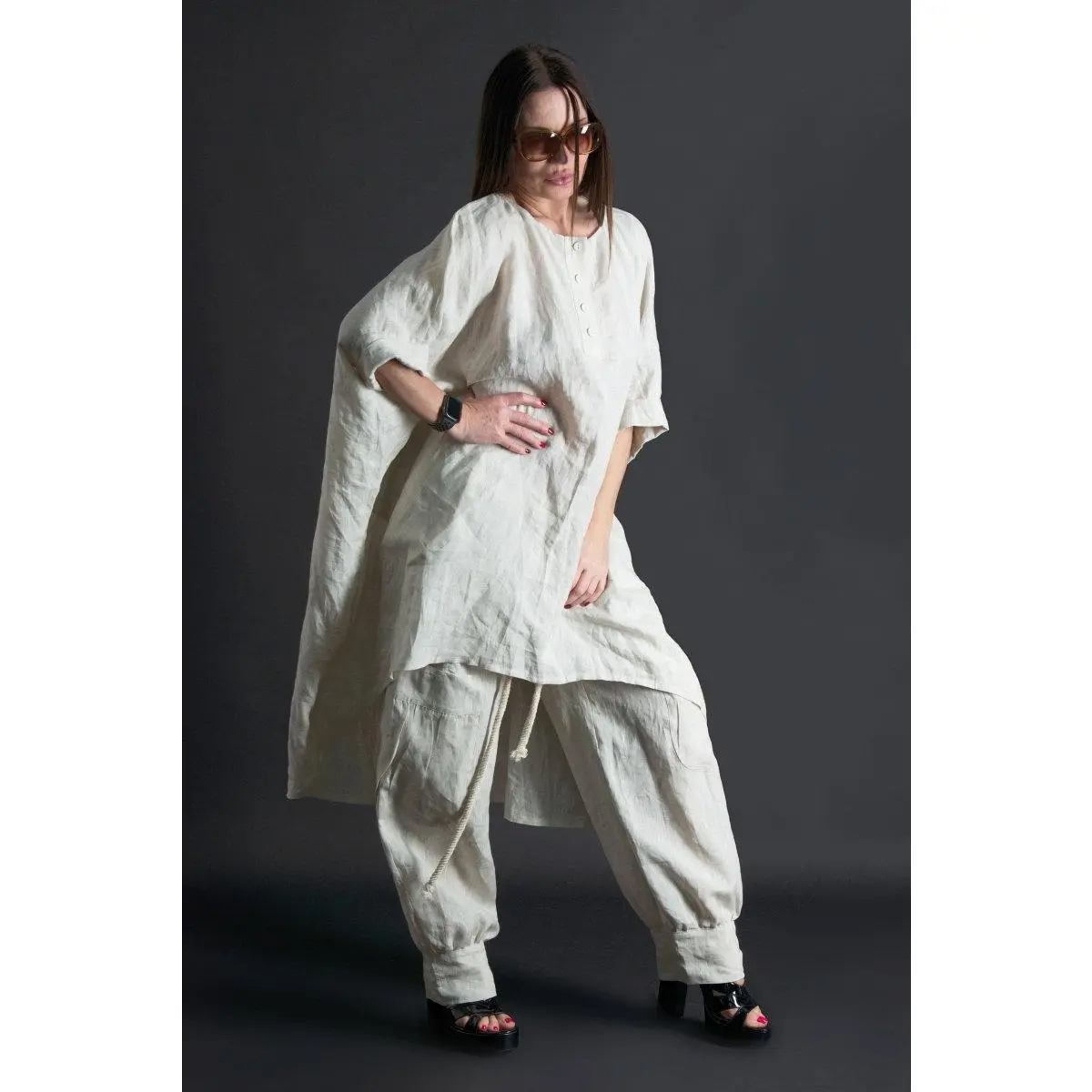Two pieces Set ALISON - Casual & Formal Linen Outfit with Pants and Shawl in Natural Color