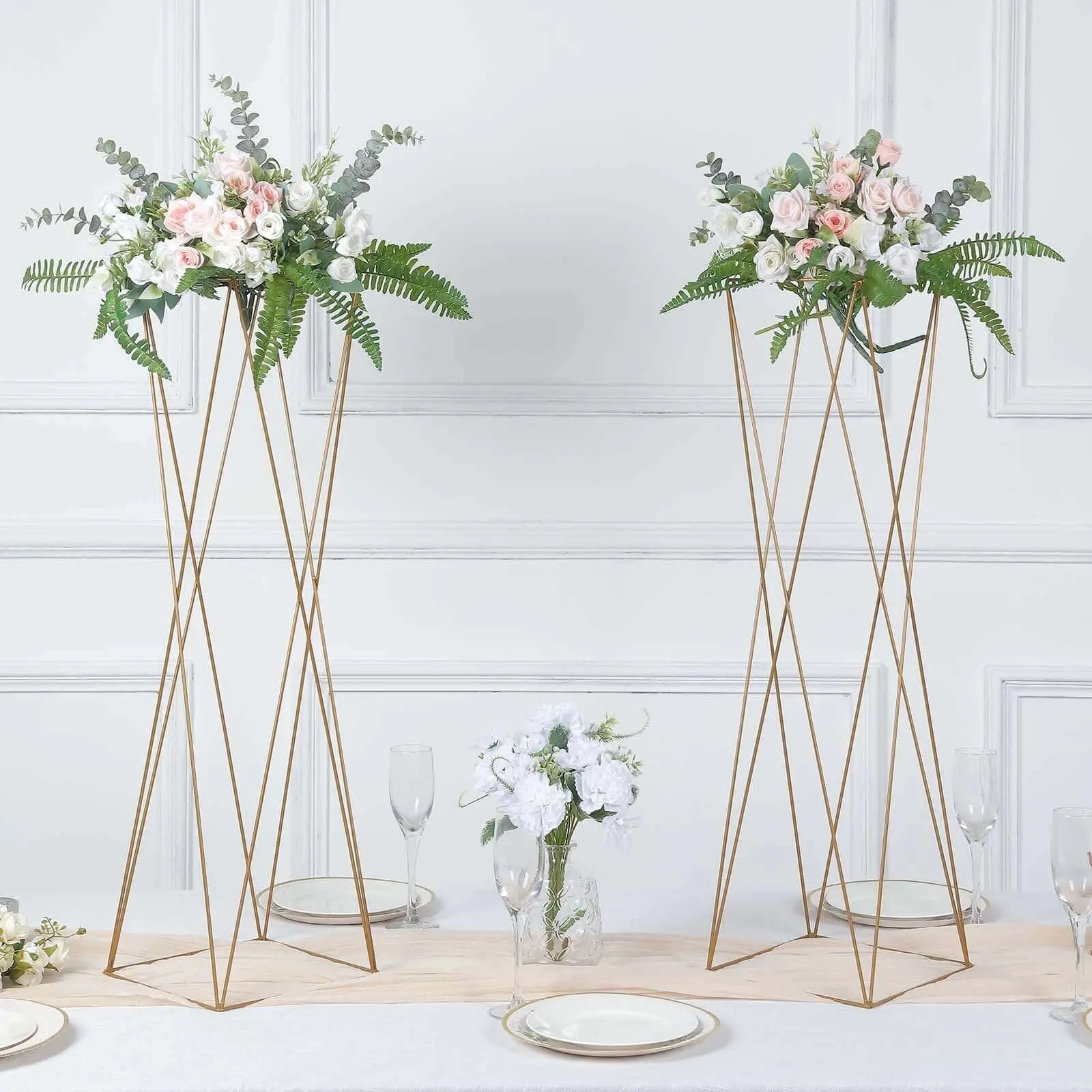 2-Pack 32" Gold Metal Pedestal Stands, Geometric Crisscross Design - Open Column Wedding Centerpieces for Festive & Home Decor