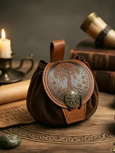 Medieval Tree of Life PU Leather Pouch, Norse Vegvisir Embossed Drawstring Waist Bag, Viking Larp, Cosplay, Halloween Costume Prop
