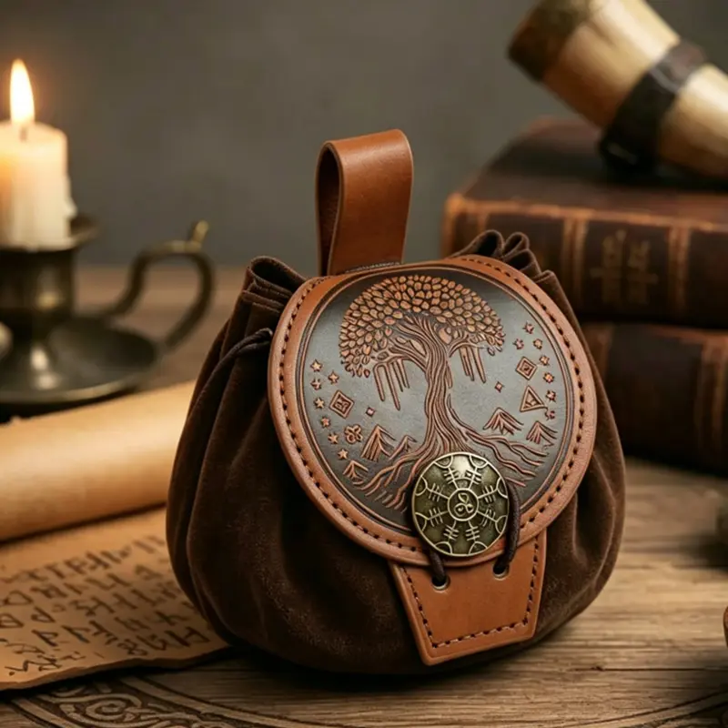 Medieval Tree of Life PU Leather Pouch, Norse Vegvisir Embossed Drawstring Waist Bag, Viking Larp, Cosplay, Halloween Costume Prop