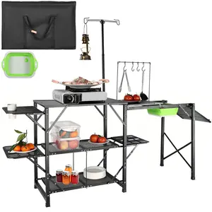 VEVOR  Camping Kitchen Table, One-piece Folding Portable Cook Station with A Carrying Bag, Long Aluminum Camping Table 3 Side Tables, 2 Shelves & A Detachable Sink for Outdoor Picnics, BBQs, Camping