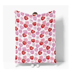 Valentine Flannel Blanket Throw, Pink Hearts with Words Soft Fuzzy Plush Cozy Fleece Blankets for Couch Sofa Bed Lounging, Ideal Gifts for Kids Adults Wife Self