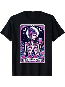 [Fast Arrival] The Tired Mom Tarot Card Skeleton Mothers Day Skull Coffee T-Shirt for Men Women, Christmas Halloween Thanksgiving day Gift, Unsex Soft Fabric, Comfortable Black Short Sleeve Tees Perfect for Autumn, Must-have Fashionable Tee