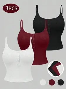 3-Pack Women's Ribbed Button Front Halter Backless Top, Y2K Fitted Short Sports Bra, All-Season Sexy Plain Straps