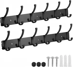 Coat Rack Wall Mount, 2 Pack Coat Hooks Hanger Wall Double Hook Rack Rail Towel Hat Rack Entryway Bathroom Hanger Organizer for Robes, Clothes, Bags, Hat(Black) Dntorx