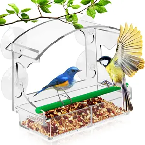 Window Bird Feeder for Outdoors, Acrylic Bird Feeder with Strong Suction Cups, Perfect for Up-Close Viewing, Removable Seed Tray with Drain Holes to Keep Nuts Fresh & Dry, Clear
