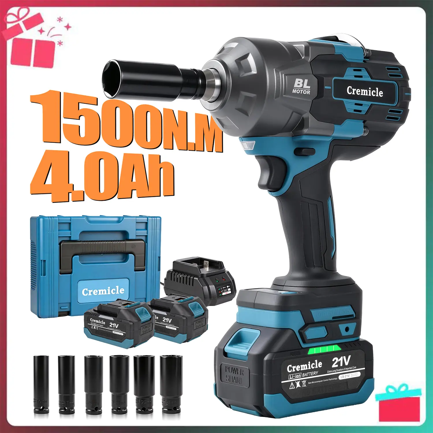 1500 N.m Cordless Impact Wrench, All-Metal Cordless Impact Gun with 2 * 4.0Ah, Electric Impact Wrench with 6 Sockets for Cars & Trucks