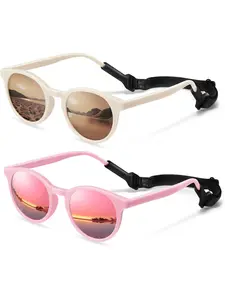 Cute Children Polarized Sunglasses with Strap, Baby Sun Glasses for Toddler Girls Boys, Flexible Round Frame, UV Protection