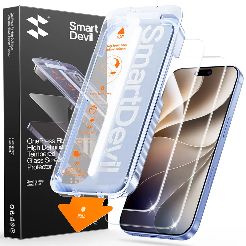 SMART DEVIL Screen Protector Privacy Anti-Glare HD Clear 9H Tempered Glass for iPhone & Samsung Galaxy. Quick Paste Easy Install, Bubble-Free, Anti-Fingerprint, Sensor Unlock, Case Friendly, Frameless Edge & Shockproof Protective Cover (2/3 Pack).