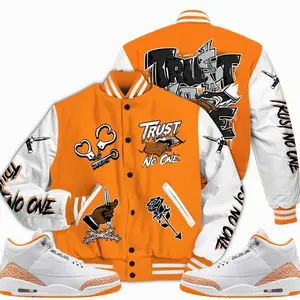 3 White Orange Peel Varsity Jacket, Orange Citrus 3s Outfit, Trust No One Drip Shirts To Match Sneaker Streetwear