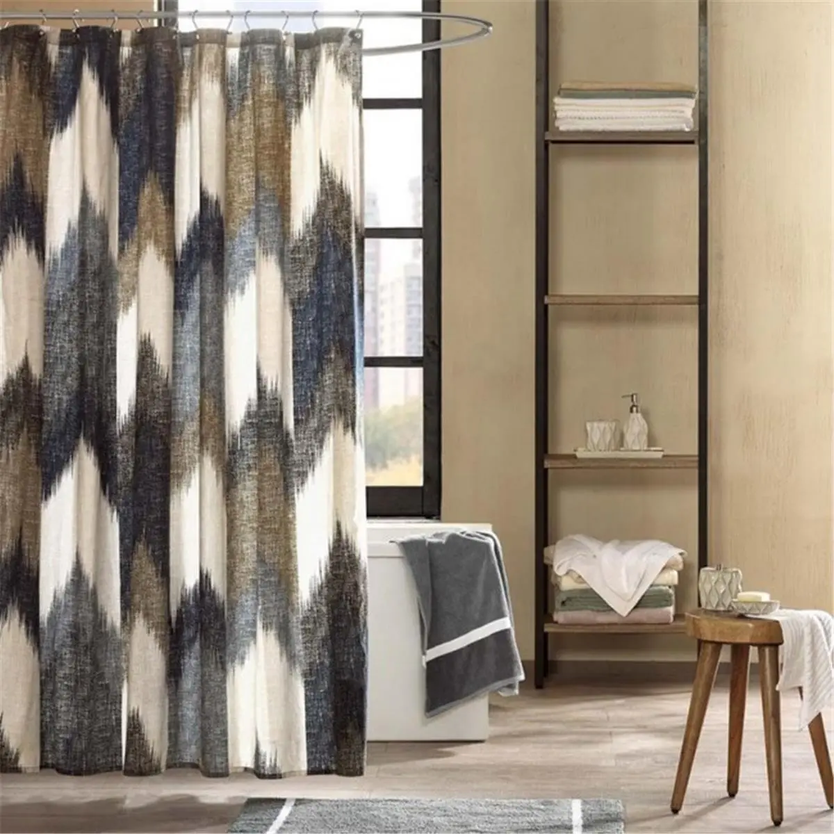 212 MAIN Chevron Geometric Printed Cotton Shower Curtain - Bathroom Accessory, INK Plus IVY II70-541 Household Textile for Bathroom Use
