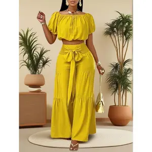 Women's Solid Color Top & Wide Leg Pants Set, Casual Off Shoulder Top & Palazzo Pants for Summer, 2 Piece Sets Women, Ladies Clothes for Beach Holiday Vacation
