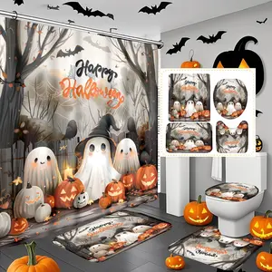 Happy Halloween Cartoon Ghost Pumpkin Lanterns, Multi-Functional Decorative Shower Curtain Set, Includes Hooks, Bath Mats & Toilet Lid Cover