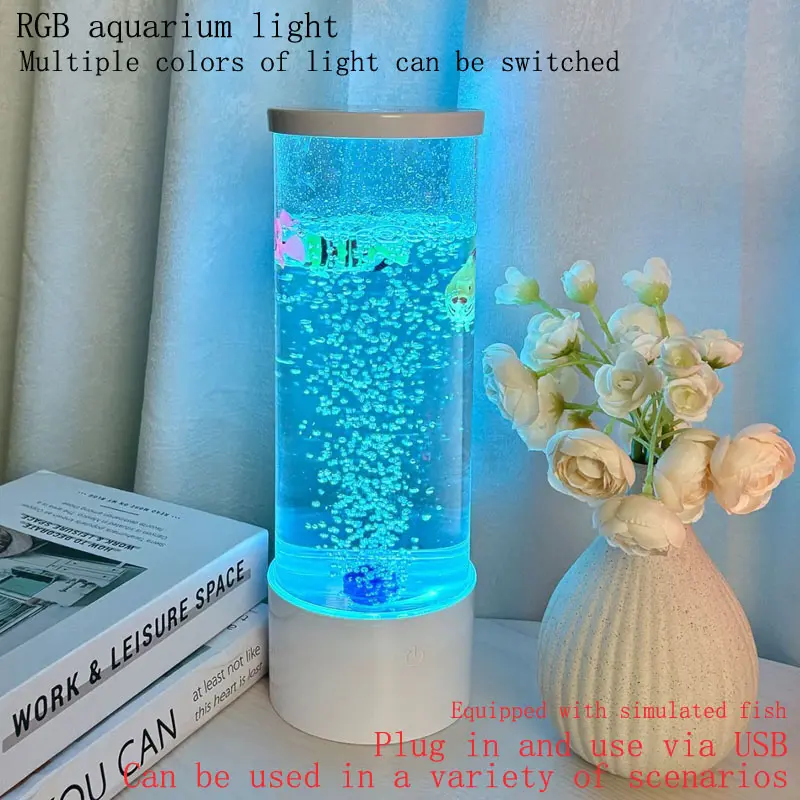 T6027-RGB Fish Tank Light, Plug-In Night Lamp, Dynamic Led Lights, Led Lighted, RGB Lighting Effects, Creative Gift for Kids Room, Bubble Fish Light, Desk Decoration, Computer Atmosphere Night Light