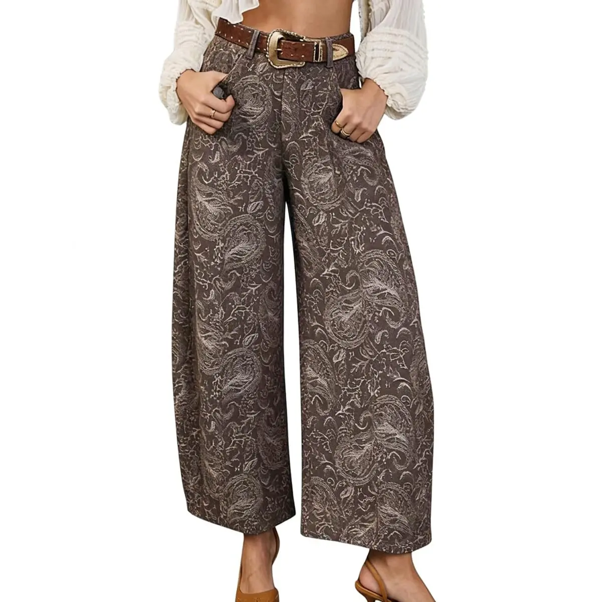 Chouyatou High Waisted Boyfriend Denim Jeans Women Y2K Floral Print Baggy Barrel Wide Leg Ankle Pants