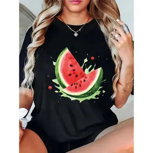 Women's Black Casual T - Shirt with Watermelon Slices & Green Splash Print, Ideal for Summer Beach, Party & Daily Wear, Cute Fruit Graphic Tee for Ladies 100% Cotton T-shirt