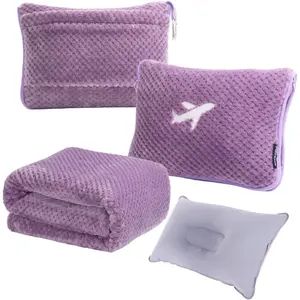 3 in 1 Travel Blanket Pillow Set - 350 GSM Thick Travel Blanket Airplane Compact with Bag, Soft Bag with a Pocket, Inflatable Travel Pillow for Camping &  Trip (Violet)