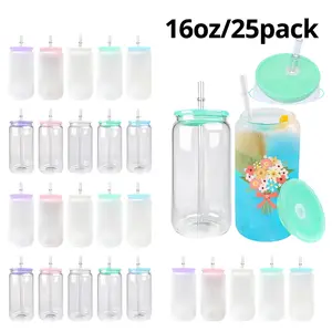 25pack Sublimation Glass Cans, 16oz Clear/Forsted Glass Cans with Color PP Lids, Coffee Mug Cups with Bamboo Lid and Straw, Glass Cups and Drinking Utensils, Perfect Gift Set, Coffee Mug, Festive Gifts.