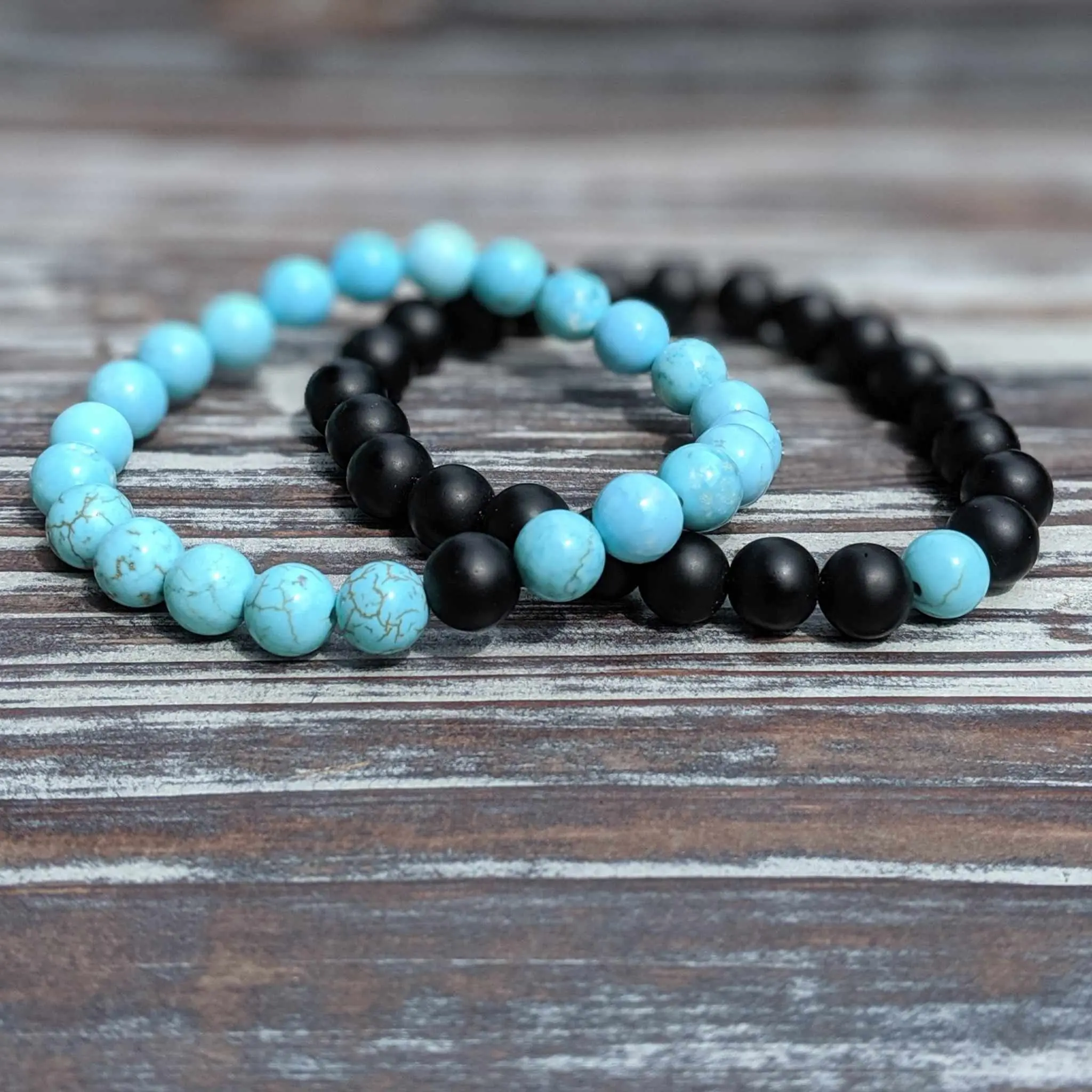 Turquoise and Black Duo Bracelet – Yin Yang-Inspired Stretch Set with 8mm Beads