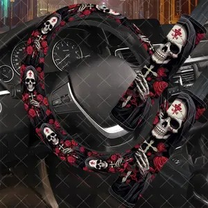 3Pcs/Set Skull & Red Rose Car Interior Set, Dark Gothic Style, Includes Steering Wheel Cover, Car Seat Belt Cover, No Inner Ring, Vehicle Interior Upgrade, Durable Material, Car Enthusiasts, Gift For Drivers, Car Interior Accessory.11.27QWA-1299@1300