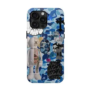 Trendy Blue Kaws Cartoon Character Urban Streetwear Art Drop Protection Tough Phone Case Heavy Duty Stylish Funny Hard Cover for iPhone 11 12 13 14 15 16 17 Pro Max Plus