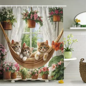 Cute Pet Cat Print Bath Curtain, Thick Polyester Fabric, No Drilling Installation, Farmhouse Style Bathroom Divider, North American Rustic Decor