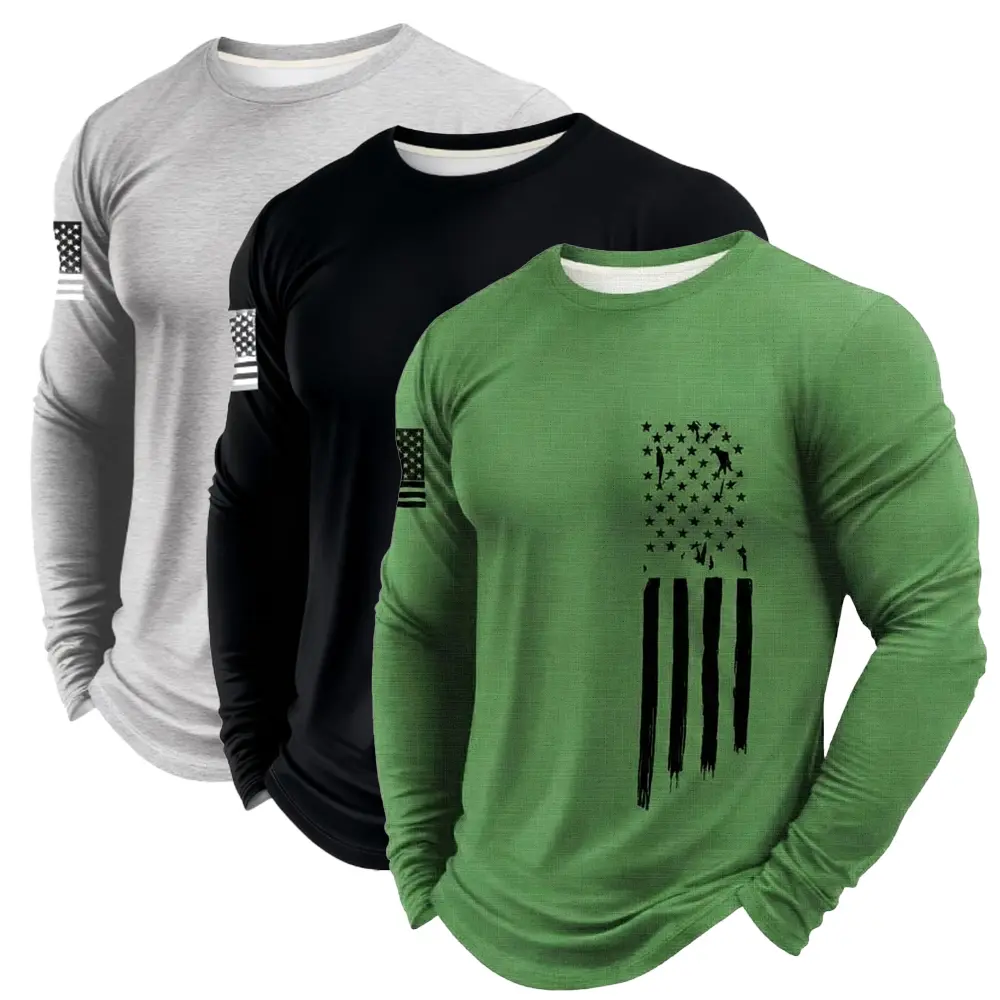 Men's 3-Pack Compression Shirts, Long Sleeve Dry-Fit Fitness Sport Tops with American Flag Print for Outdoor Gym Training, Compression Tops