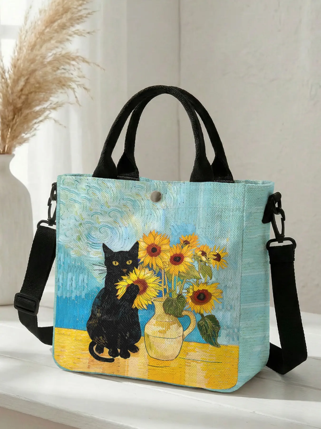 1 piece of black cat and sunflower pattern 2D printed bohemian crossbody bag, Floral shoulder bag, adjustable shoulder strap + snap closure, Boho crossbody bags, Students/Office workers/Shopping and going out
