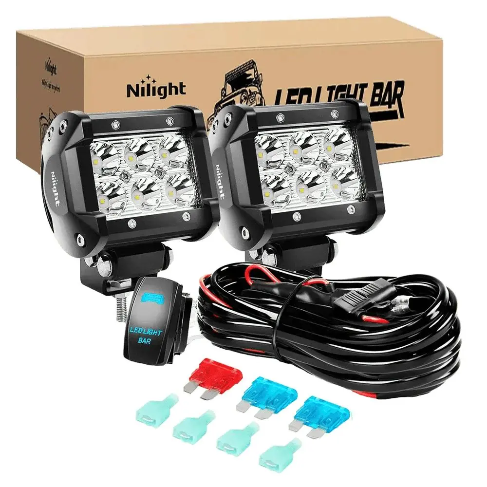Nilight 4-Inch 18W Double Row Spot LED Pods (Pair) - Universal Waterproof Work Light, 12FT Wire, 5-Pin Switch, Compatible with LED Light Bar for Car Use, Led Lights Car, Light Bar Car,car accessories