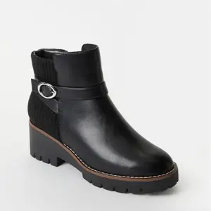 JUSTFAB Women’s Knit Ankle Boots – Lug Sole Platform Boots with Buckle Detail & Chunky Heel