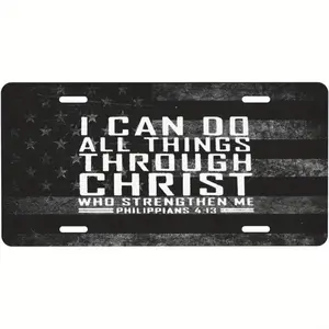 Durable 6x12inch Aluminum Metal License Plate Frame - Philippians 4:13 Bible Verse Inspirational Quotes Board | Retro Christian Faith Religious Decorative Front License Plate Cover, with American Flag Design, | Car Exterior Accessories Plate Frame, Ve