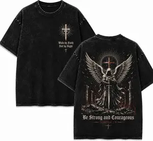 Men's 100% Cotton Unisex Vintage Acid Washed Distressed Oversized Round Neck Short-Sleeve Gothic Christian Top, Angel Knight Print, "Be Strong and Courageous" Quote & Bible Verse, Festive Streetwear Warrior Grunge Casual Summer T-Shirt
