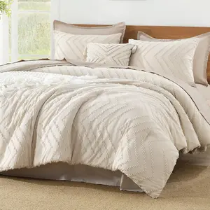 Beige Comforter Set Twin/Twin XL Size, 2 Pieces Boho Chevron Tufted Bedding Comforter Set, All Season Bed Set (66x90In Comforter and 1 Pillow Sham)