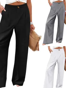 Women's Cotton Linen Bottoms - High-Waisted, Wide-Leg, Button-Up Pants, Minimalist Basic Breathable Fabric, Casual Loose Comfy Summer Beach Trousers