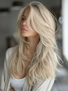 20 Inch Ombre Blonde  Layered Wig With Bangs For Women Long Wavy Highlight Blonde Layered Wig with Curtain Bangs Synthetic Fiber Brown Roots Heat Resistant High Density Curly Hair For Daily Party Holiday Dating Use Ombre Blonde Wigs