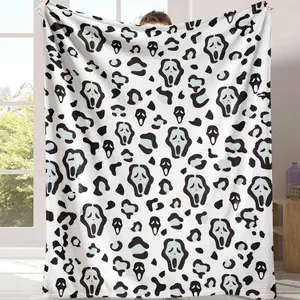 Ghost Face Flannel Blanket Spooky Leopard Print UltraSoft Warm Lightweight Cozy for Couch Living Room Bedroom Travel Halloween Decoration Perfect Gifts