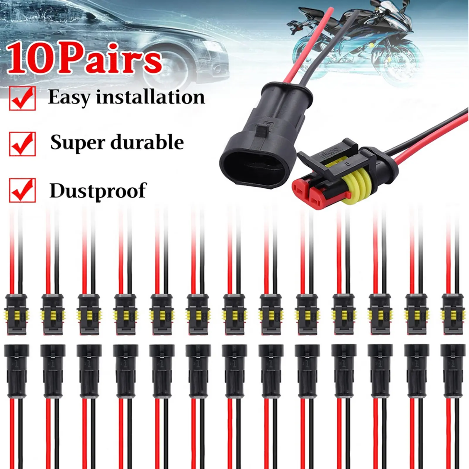 10Pairs 2-Pin Car Waterproof Electrical Connector Kit – Male & Female Terminals Set #fathersdaygift 10Pairs 2-Pin Car Waterproof Electrical Connector Kit – Male & Female Terminals Set #fathersdaygift