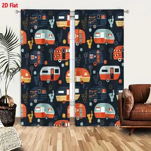 2D Flat  Vintage Camper Caravan Desert Pattern Curtain 2-Piece Set, Whimsical Retro Colorful Campers & Cacti on Dark Navy Blue Background, Stylish Nature Camping Themed Window Curtains for Bedroom Living Room Decoration