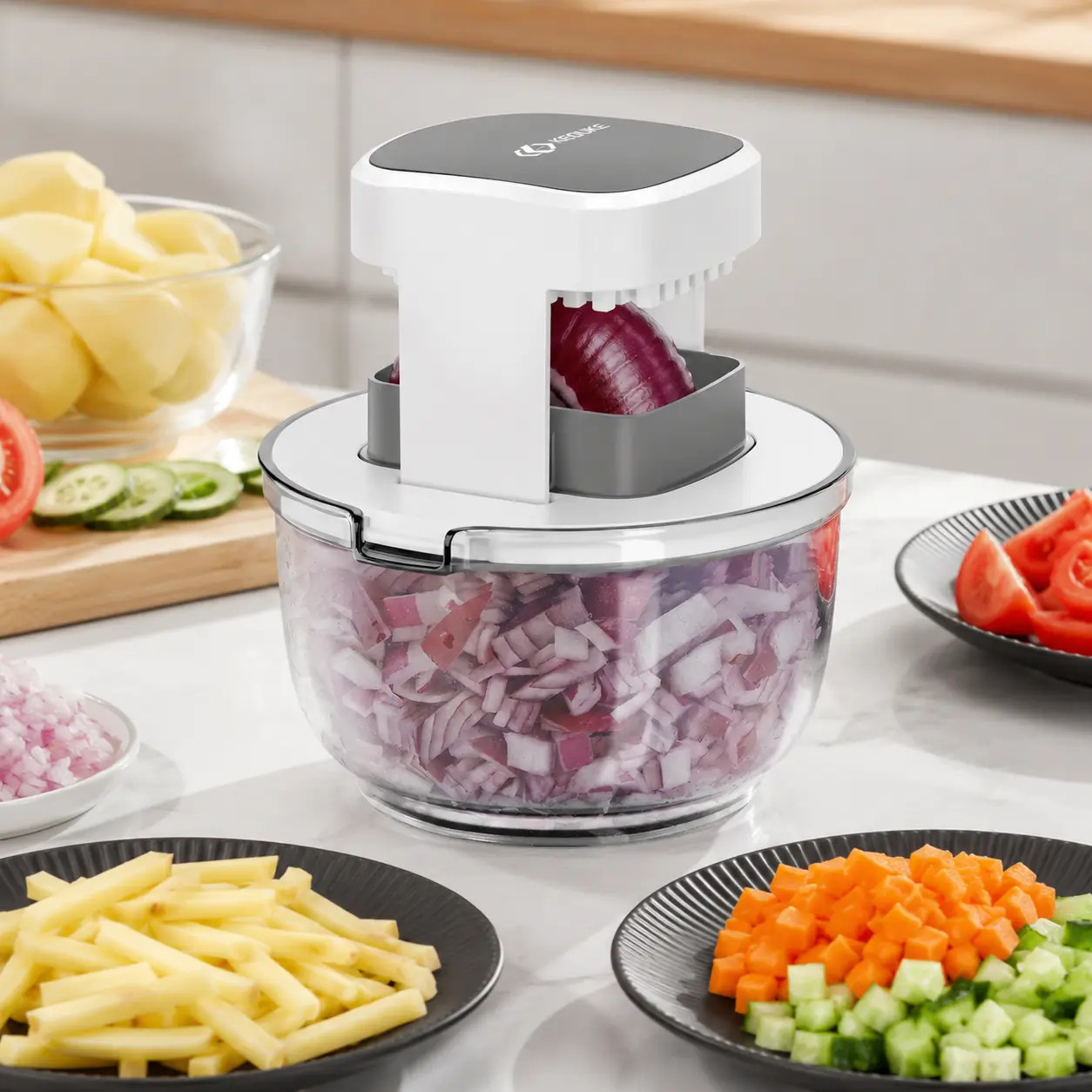 KEOUKE Multifunctional Vegetable Chopper Bowl White - 3 Interchangeable Blades Potato French Fry Cutter with Container & Storage Box Food Chopper Dicer for Cucumber, Tomato, Carrot, Onion,summerwins
