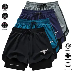 Men's Sports Shorts Fake Two-Piece Gym Pants Four-Pack Quick Dry Breathable for Running Soccer Training in Black Blue Red Navy