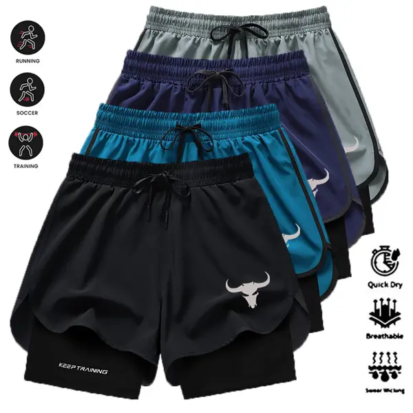 Men's Sports Shorts Fake Two-Piece Gym Pants Four-Pack Quick Dry Breathable for Running Soccer Training in Black Blue Red Navy
