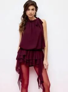 Chiffon Halter Neck Ruffled Ruched Mini Dress