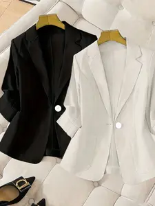 Women's Two-Piece Plain Color Fashion Lapel Half-Sleeve Blazer Jacket Business Suits, Elegant Suit, Fashion Business Outfits, Spring Summer Commuter Wear, Fitted Outerwear