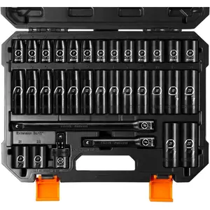 1/2" Drive Impact Socket Set, 33 count Deep & Shallow Metric Socket Set 8mm to 22mm, Includes 5", 10" Extension Bars, Universal Joint, 6 Point Design, Cr-V Steel, Meets ANSI Standards
