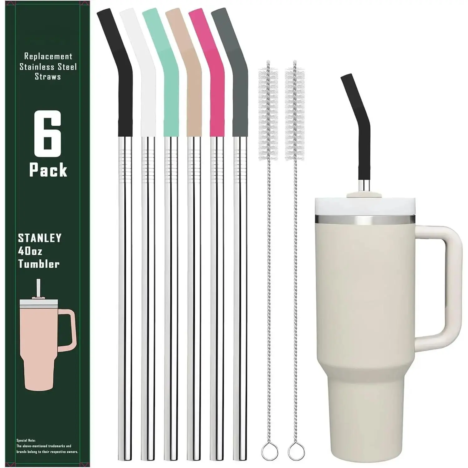 6-Pack 12-Inch Washable Stainless Steel Straight Straws (8mm Diameter) with 6 Silicone Tips, 2 Cleaning Brushes for Tumblers & Cups (24, 32, 40oz)