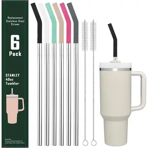 6 Pack 12 Inch  Metal Stainless Steel Straight Straw,with 6Silicone Tips and 2Cleaning Brush for  32,40oz Tumbler,40oz , 24 oz  Cup(8mm )