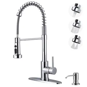 WOWOW Chrome Kitchen Faucet with Soap Dispenser: Stainless Steel Kitchen Faucet with Pull Down Sprayer for Sink 2 or 4 Hole - 3 Modes Single Handle Kitchen Sink Faucets for Farmhouse RV Laundry Bar